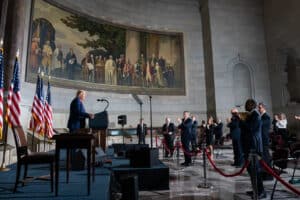 Donald Trump speaks using teleprompters as Kalshi insider trading allegations raise questions about advance access to presidential remarks.