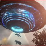 Large flying saucer with blue lights emits a beam lifting a person and a cow in a rural: sky and trees in the background.