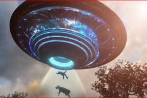 Large flying saucer with blue lights emits a beam lifting a person and a cow in a rural: sky and trees in the background.