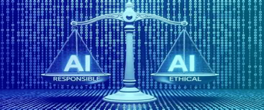 Blue balance scale with AI Responsible and AI Ethical labels, symbolizing ethical AI against a digital background.