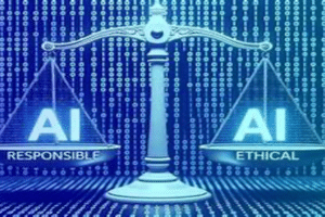 Blue balance scale with AI Responsible and AI Ethical labels, symbolizing ethical AI against a digital background.