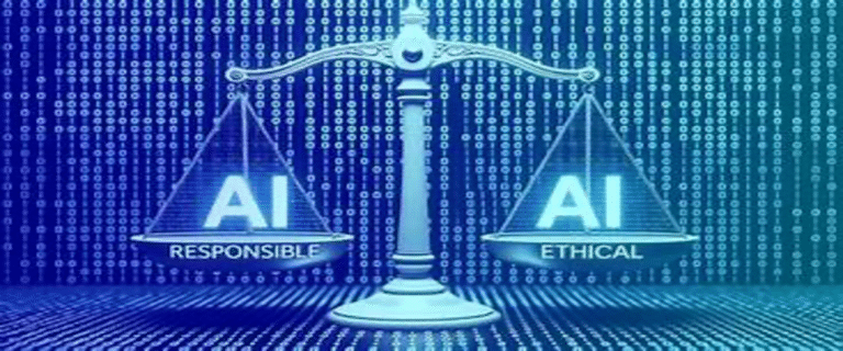 Blue balance scale with AI Responsible and AI Ethical labels, symbolizing ethical AI against a digital background.