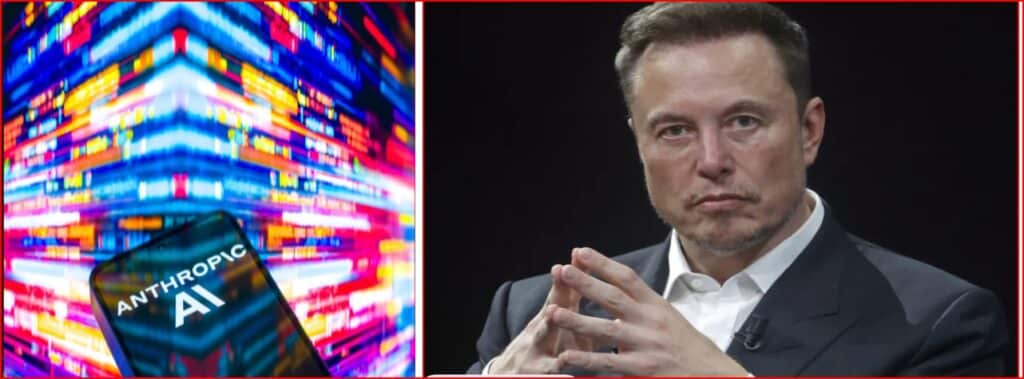 Split image: left shows a phone screen labeled 'ANTHROPIC AI' against a vivid neon abstract background; right shows a man in a dark suit and white shirt, hands clasped, looking serious.
