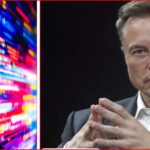 Split image: left shows a phone screen labeled 'ANTHROPIC AI' against a vivid neon abstract background; right shows a man in a dark suit and white shirt, hands clasped, looking serious.