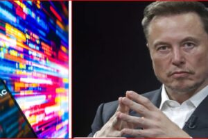 Split image: left shows a phone screen labeled 'ANTHROPIC AI' against a vivid neon abstract background; right shows a man in a dark suit and white shirt, hands clasped, looking serious.