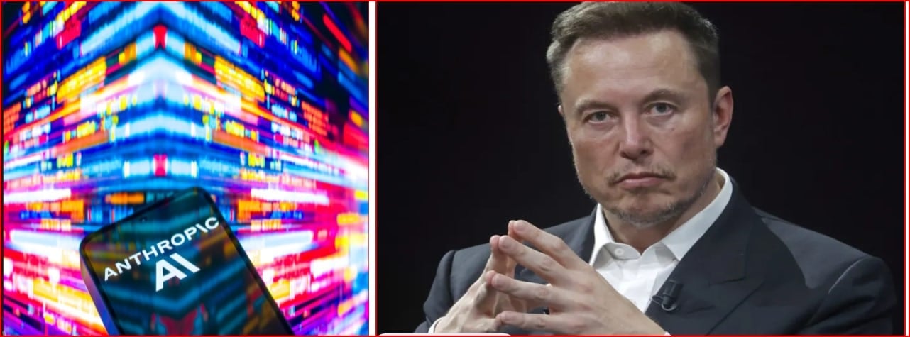 Split image: left shows a phone screen labeled 'ANTHROPIC AI' against a vivid neon abstract background; right shows a man in a dark suit and white shirt, hands clasped, looking serious.