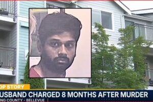 TV news screenshot: exterior apartment building with an inset mugshot of a man; banner reads 'Top Story: Husband charged 8 months after murder'.