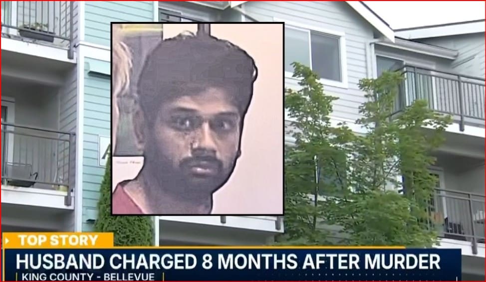 TV news screenshot: exterior apartment building with an inset mugshot of a man; banner reads 'Top Story: Husband charged 8 months after murder'.
