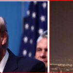 Two-panel image: man in a suit speaking at a microphone on the left; large fire and smoke over a city at night on the right.