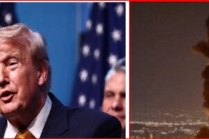 Two-panel image: man in a suit speaking at a microphone on the left; large fire and smoke over a city at night on the right.