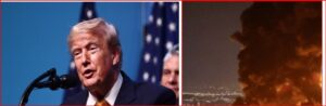 Two-panel image: man in a suit speaking at a microphone on the left; large fire and smoke over a city at night on the right.