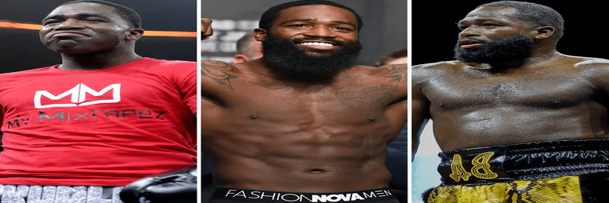 Triptych of three muscular male fighters: left in red shirt, center shirtless with beard, right shirtless in yellow shorts, all posing ready for a bout