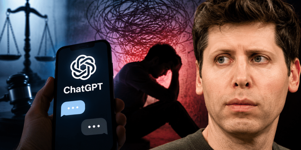 Phone screen shows ChatGPT logo and chat bubbles; background features a distressed silhouette, scales of justice, and a pensive man, suggesting legal or ethical concerns