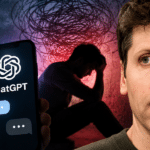 Phone screen shows ChatGPT logo and chat bubbles; background features a distressed silhouette, scales of justice, and a pensive man, suggesting legal or ethical concerns