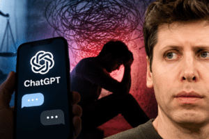 Phone screen shows ChatGPT logo and chat bubbles; background features a distressed silhouette, scales of justice, and a pensive man, suggesting legal or ethical concerns