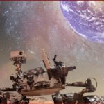 Mars rover on a rocky Martian landscape with Earth visible in the starry sky above the horizon.