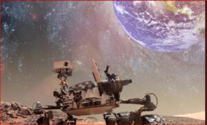 Mars rover on a rocky Martian landscape with Earth visible in the starry sky above the horizon.