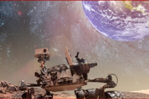 Mars rover on a rocky Martian landscape with Earth visible in the starry sky above the horizon.