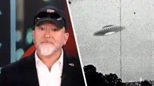 Split-screen collage: on the left, a man in a suit and cap on a TV set; on the right, a grainy black-and-white image of a flying saucer over trees.