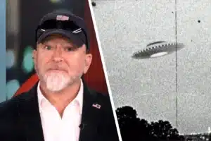 Split-screen collage: on the left, a man in a suit and cap on a TV set; on the right, a grainy black-and-white image of a flying saucer over trees.