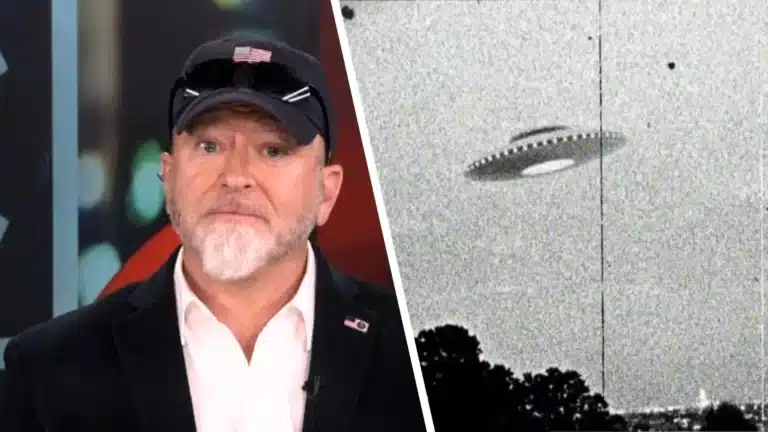 Split-screen collage: on the left, a man in a suit and cap on a TV set; on the right, a grainy black-and-white image of a flying saucer over trees.