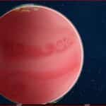 Space scene with a large pink gas giant, a smaller striped planet near its edge, and a distant yellow moon against a starry blue backdrop.