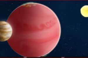 Space scene with a large pink gas giant, a smaller striped planet near its edge, and a distant yellow moon against a starry blue backdrop.