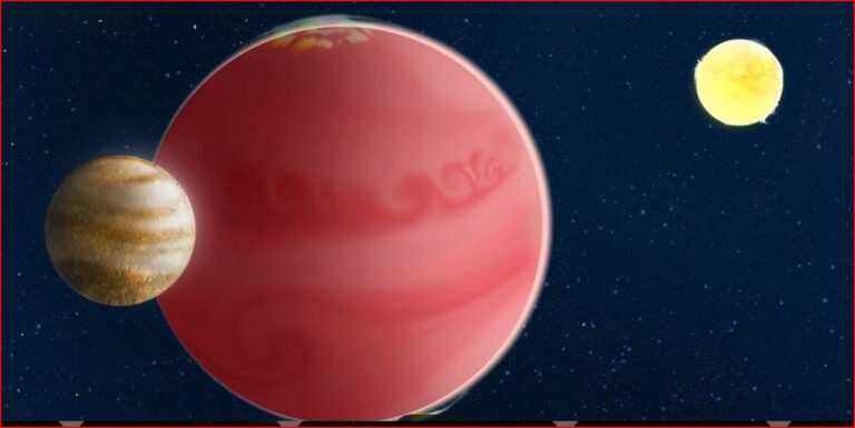 Space scene with a large pink gas giant, a smaller striped planet near its edge, and a distant yellow moon against a starry blue backdrop.