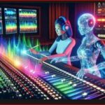 In a futuristic recording studio, a woman with headphones adjusts a neon-lit mixing console beside a glowing holographic robot partner.