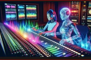 In a futuristic recording studio, a woman with headphones adjusts a neon-lit mixing console beside a glowing holographic robot partner.