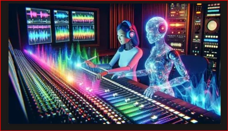 In a futuristic recording studio, a woman with headphones adjusts a neon-lit mixing console beside a glowing holographic robot partner.