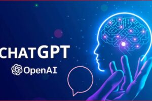 Promotional image for ChatGPT by OpenAI showing a glowing brain circuitry and embracing hands with a chat bubble outline in foreground.