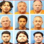Collage of mugshots: 15 inmates in orange jumpsuits arranged in a grid on a blue background, a booking-photo style collage.