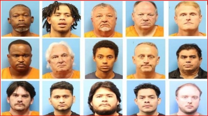 Collage of mugshots: 15 inmates in orange jumpsuits arranged in a grid on a blue background, a booking-photo style collage.