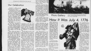 Black-and-white newspaper page with multi-column articles, including a section titled 'Our Celebration' and a 'Photo Gallery' header with small photos, plus an illustration for 'How It Was July 4, 1776.'