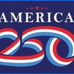 Patriotic blue banner with the word AMERICA and a red, white, and blue '250' ribbon design, framed by small stars.