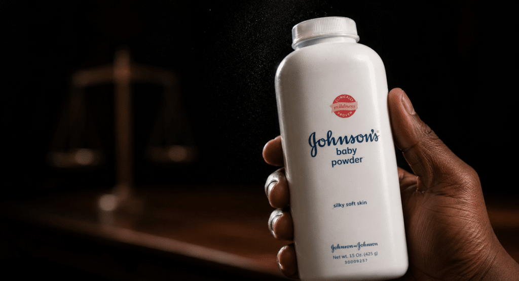 White Johnson’s baby powder bottle held in a dark setting, with a blurred scale of justice in the background.