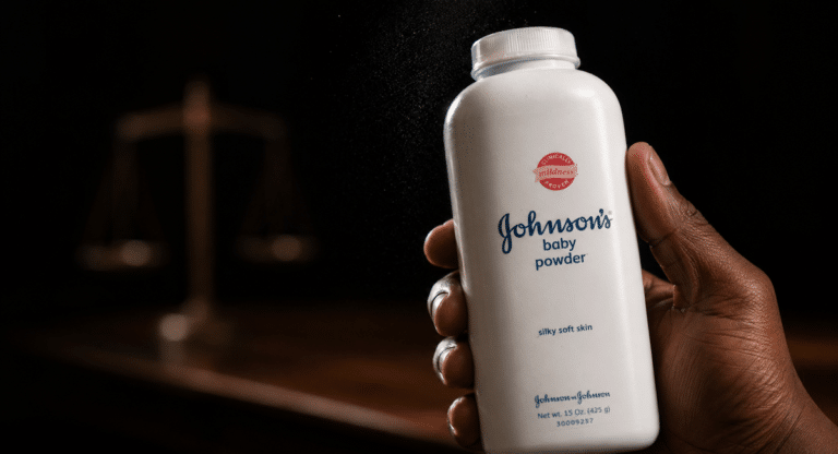 White Johnson’s baby powder bottle held in a dark setting, with a blurred scale of justice in the background.