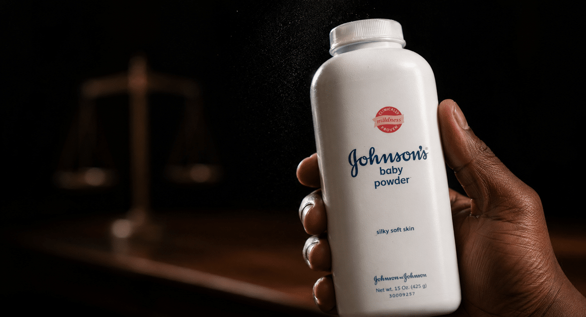 White Johnson’s baby powder bottle held in a dark setting, with a blurred scale of justice in the background.