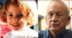 Side-by-side: a smiling young child on the left and an older man on the right