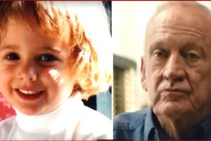 Side-by-side: a smiling young child on the left and an older man on the right