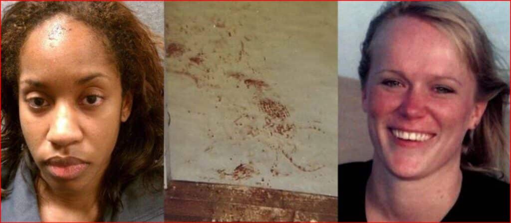 Three-panel image: on the left a woman with a serious expression, in the center a wall with reddish handprints and smears, on the right a smiling woman.