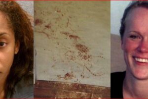 Three-panel image: on the left a woman with a serious expression, in the center a wall with reddish handprints and smears, on the right a smiling woman.