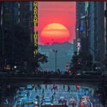Sunset over a busy city street with a crowd crossing beneath an overpass and neon signs on the buildings side.