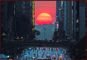 Sunset over a busy city street with a crowd crossing beneath an overpass and neon signs on the buildings side.
