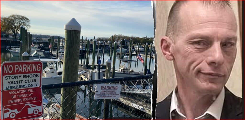 Split image: left side shows a marina with boats and a 'No Parking' sign at a fenced dock; right side reveals a cropped portrait of a man’s face.] ,