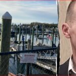 Split image: left side shows a marina with boats and a 'No Parking' sign at a fenced dock; right side reveals a cropped portrait of a man’s face.] ,