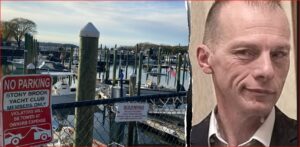 Split image: left side shows a marina with boats and a 'No Parking' sign at a fenced dock; right side reveals a cropped portrait of a man’s face.] ,