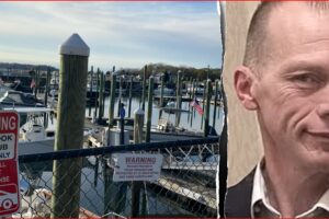 Split image: left side shows a marina with boats and a 'No Parking' sign at a fenced dock; right side reveals a cropped portrait of a man’s face.] ,