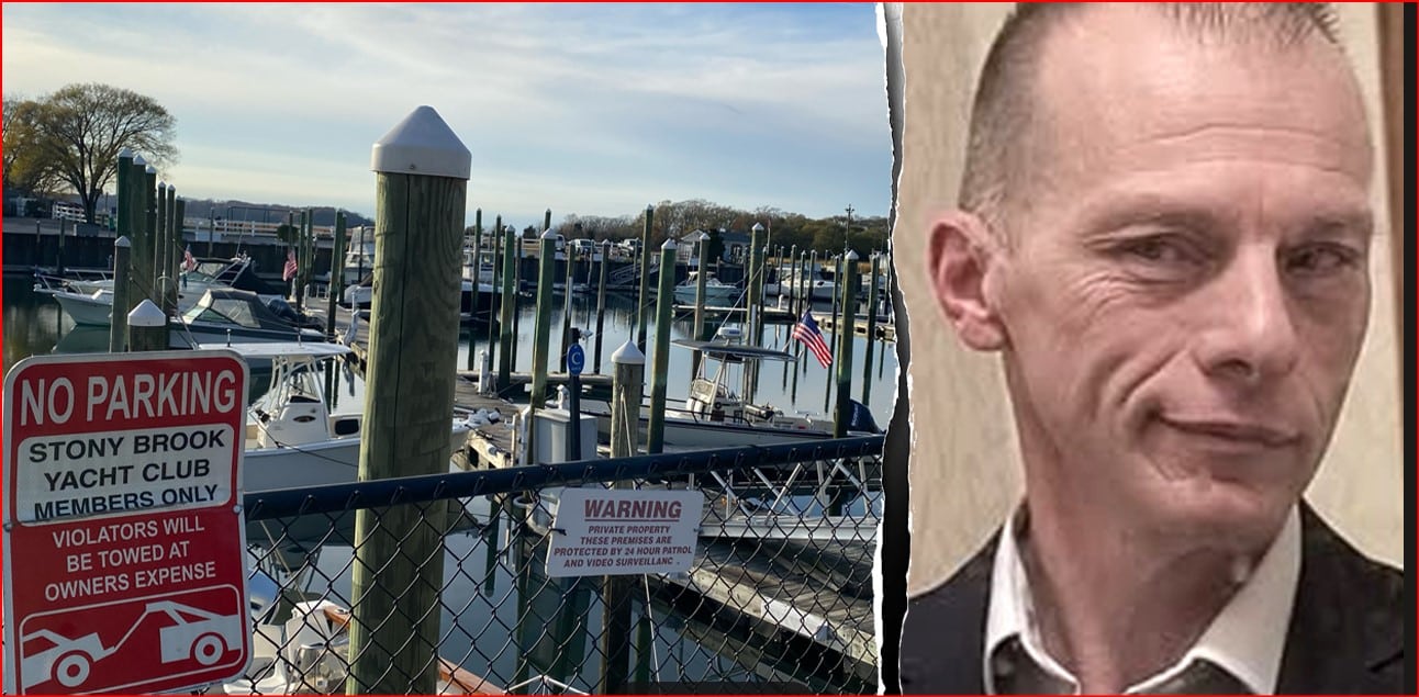 Split image: left side shows a marina with boats and a 'No Parking' sign at a fenced dock; right side reveals a cropped portrait of a man’s face.] ,